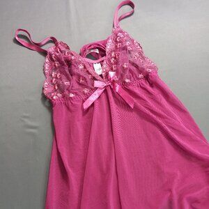 Vintage Y2K Hot Pink Sequin Floral Lace Babydoll Chemise